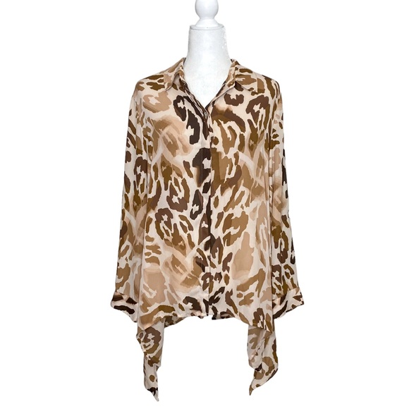 Chico's Leopard Animal Sharkbite Collared Button Down Semi Sheer Tunic Blouse - Picture 1 of 11